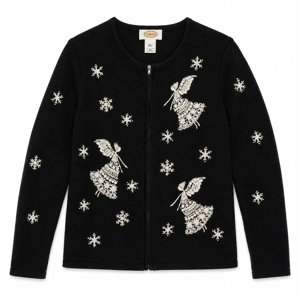 Angora Zip Cardigan Angel Snow Y2K Talbots Black Lambswool Holiday Grannycore L